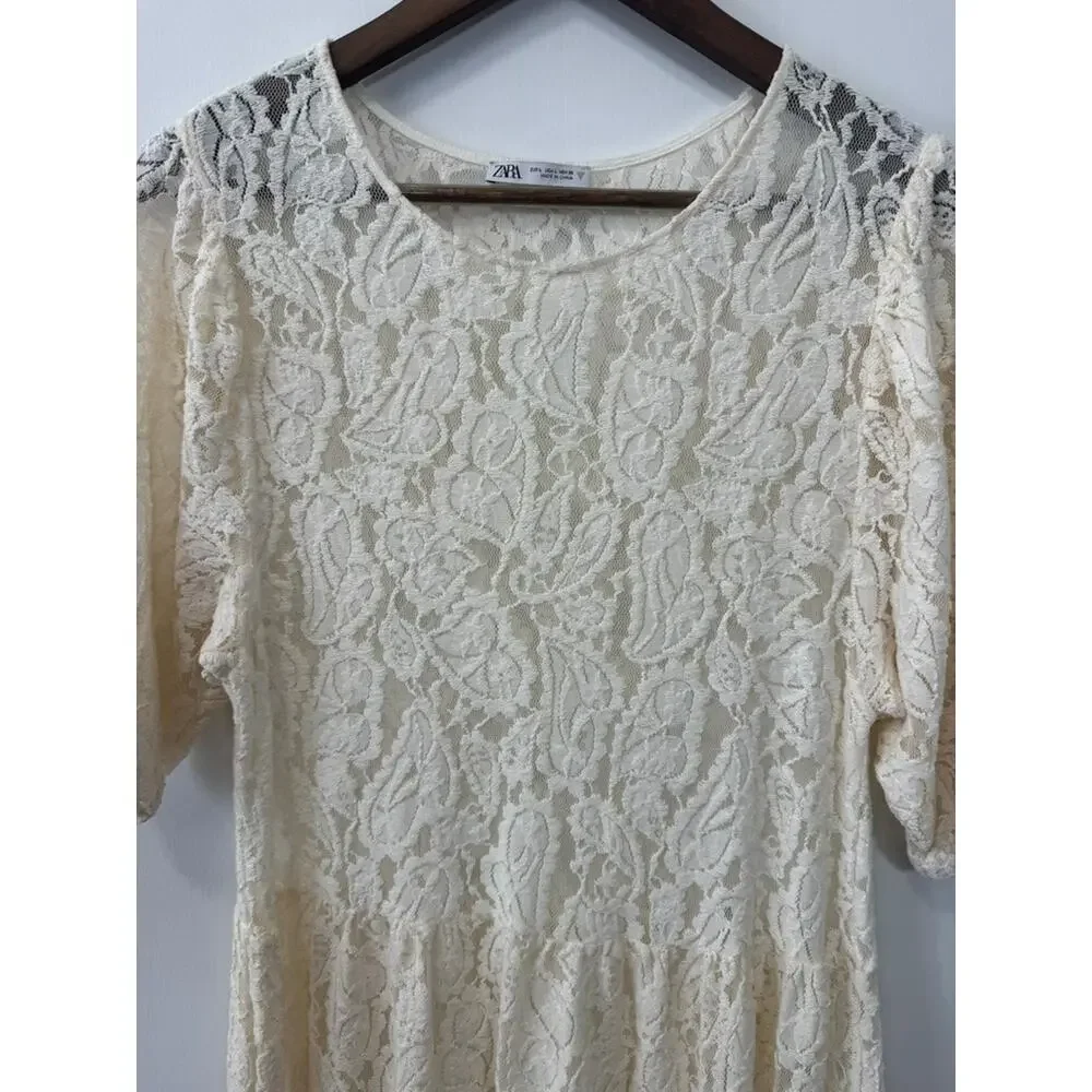 Zara Ivory Cream Allover Lace Dress Sz L Romantic Bridal Vintage Glamour Boho